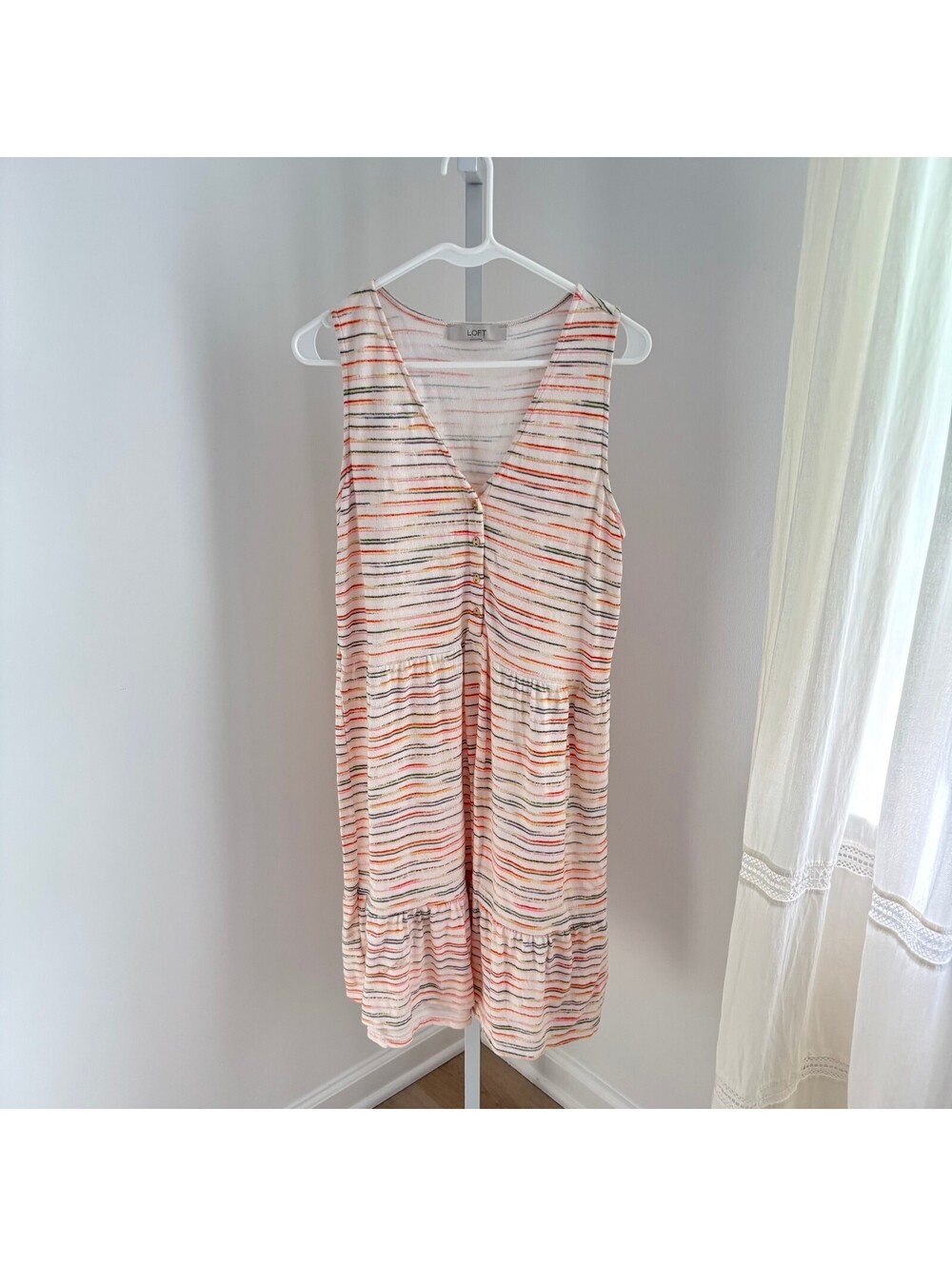 Loft EUC Women's Cream Pastel Button Flounce Tier Dress Size S